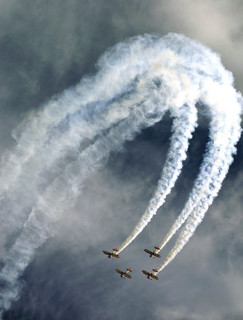 red baron squadron, smoke, air show, planes, airplane, aviation, aircraft, airshow, fly, biplane, loop, aerobatics, formation